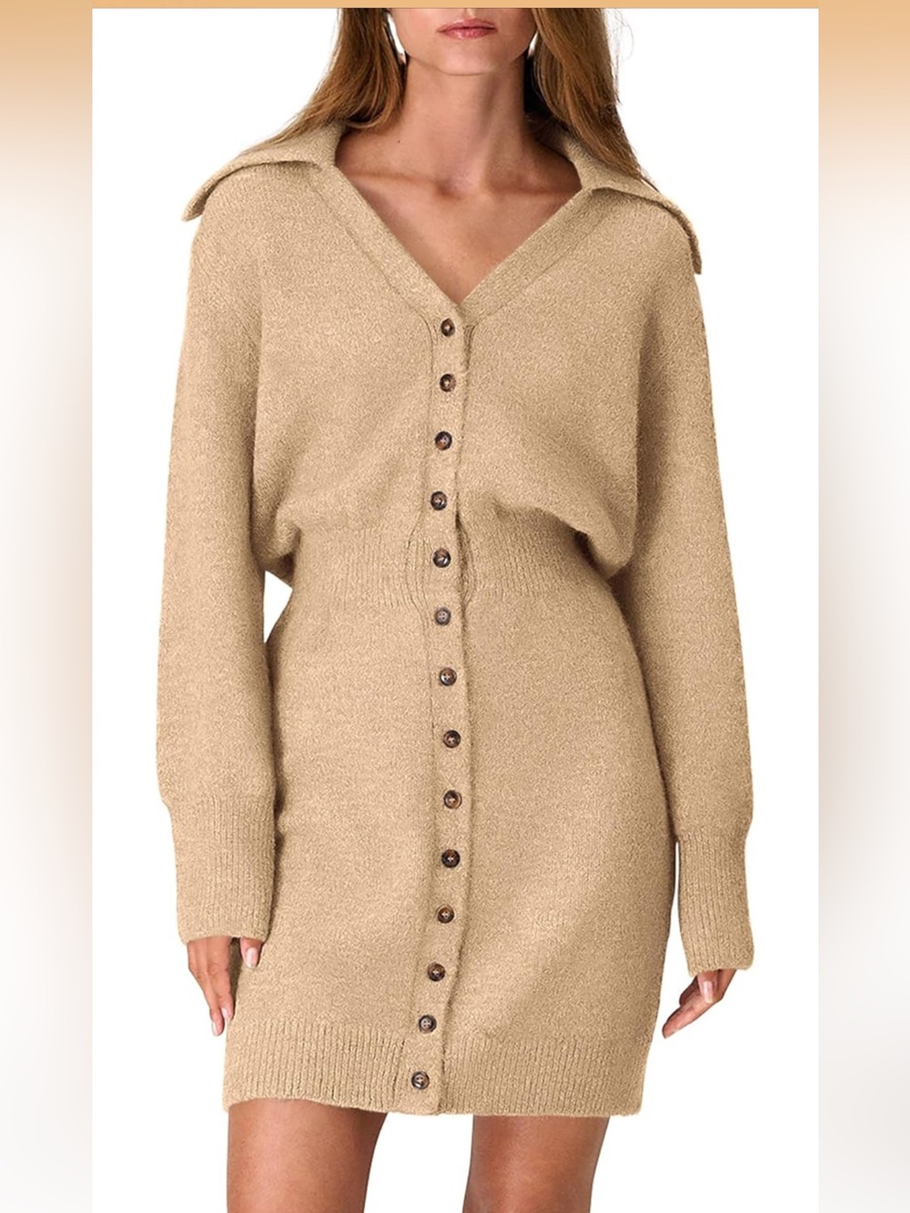 NWT PRETTYGARDEN Khaki Sweater Dress Medium Button Front Mini Long Sleeve Med